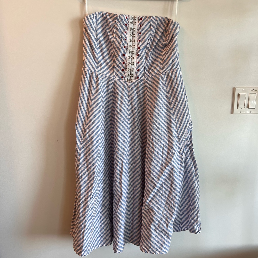 ANTHROPOLOGY Blue & White Corsette Strapless Dress - Size L